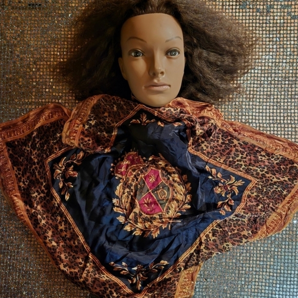 Talbots Accessories - Talbots navy blue regal print silk neck scarf with animal print trim